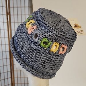 NWT Cecil Crochet Bucket Hat in Denim Blue with Pastel Ring Accents